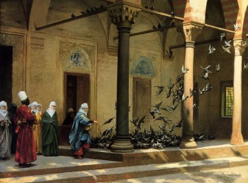  Arabien Kunst - Harem Frauen Fütterung Tauben in einem Hof Arabien Jean Leon Gerome